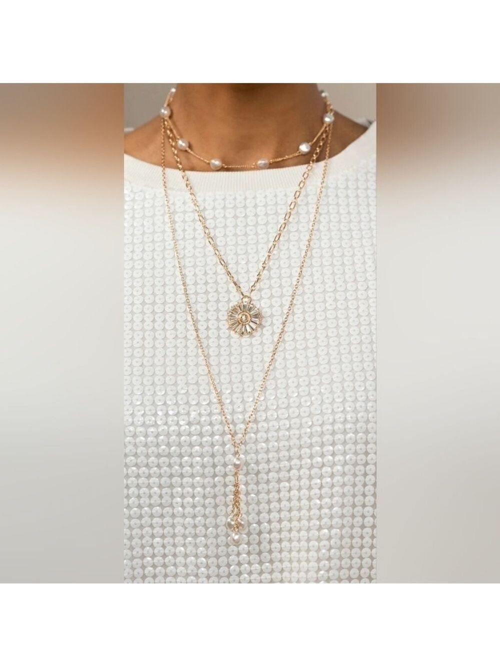 5pc Gold Rhinestone & Baroque Pearl Jewelry Set | Layered Necklace Set - Picture 3 of 10